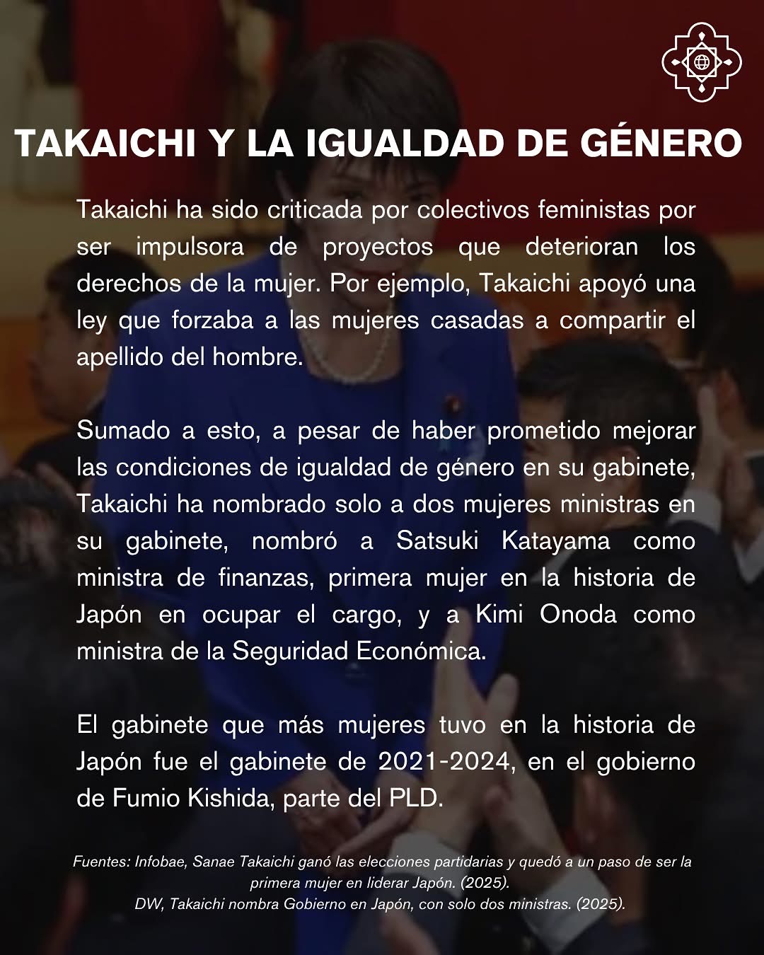 Crítica hacia Takaichi en torno a la igualdad de género.