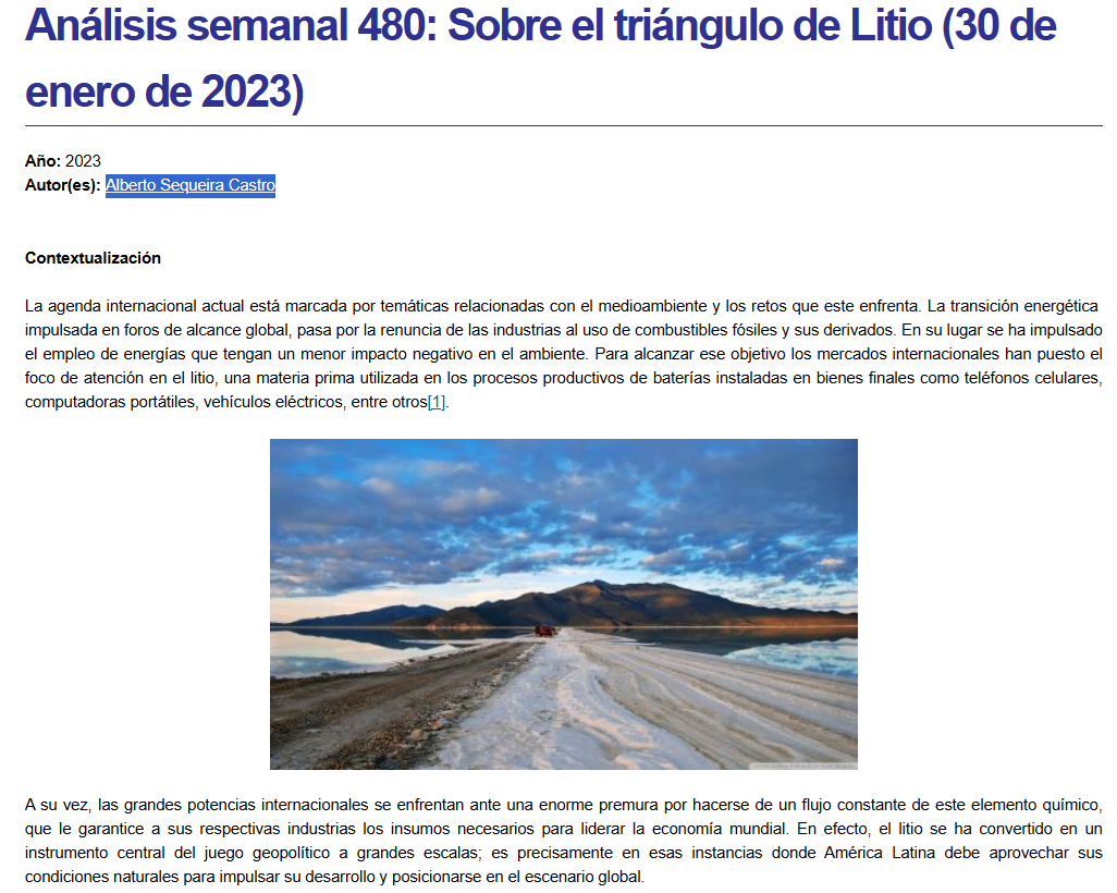 Portada del Análisis Semanal 480 con datos de autoría. 