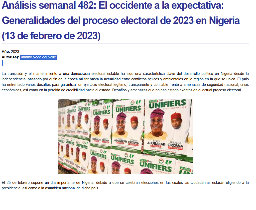 Portada del Análisis Semanal 482 con datos de autoría. 