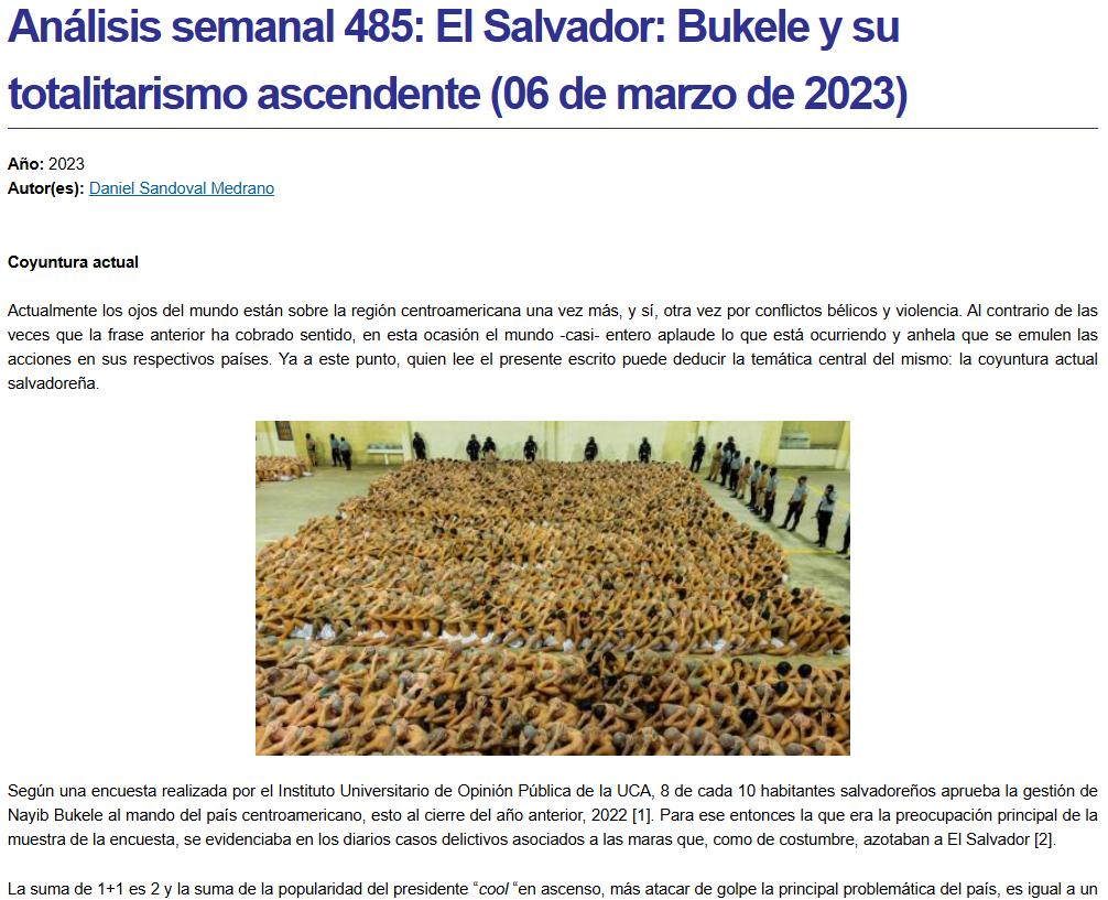 Portada del Análisis Semanal 485 con datos de autoría.