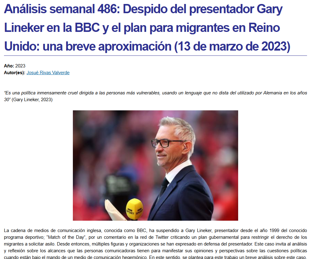 Portada del Análisis Semanal 486 con datos de autoría.